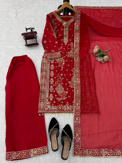 Rani Pink Heavy Embroidered Premium Sharara Suit Set with Dupatta