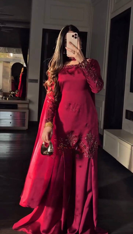 Rani Pink Mirror & Thread Embroidered Premium Kurta Palazzo Set with Dupatta