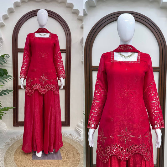 Rani Pink Mirror & Thread Embroidered Premium Kurta Palazzo Set with Dupatta
