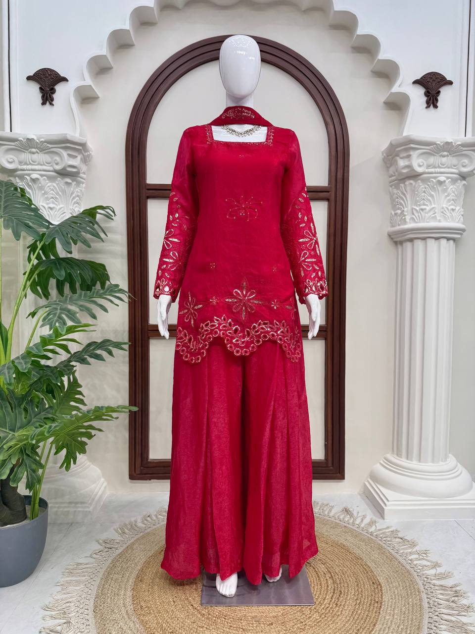 Rani Pink Mirror & Thread Embroidered Premium Kurta Palazzo Set with Dupatta