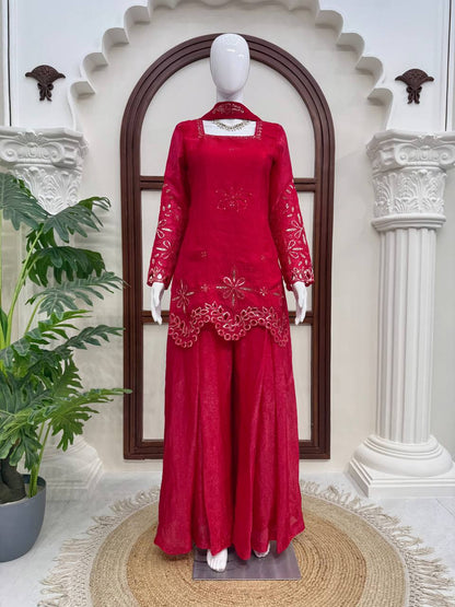 Rani Pink Mirror & Thread Embroidered Premium Kurta Palazzo Set with Dupatta