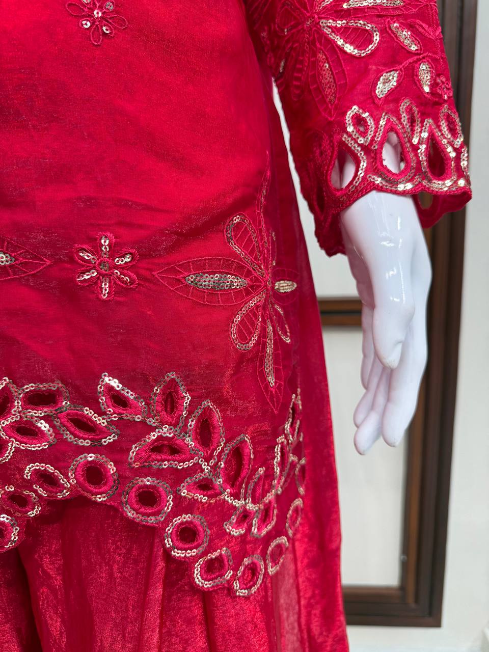 Rani Pink Mirror & Thread Embroidered Premium Kurta Palazzo Set with Dupatta