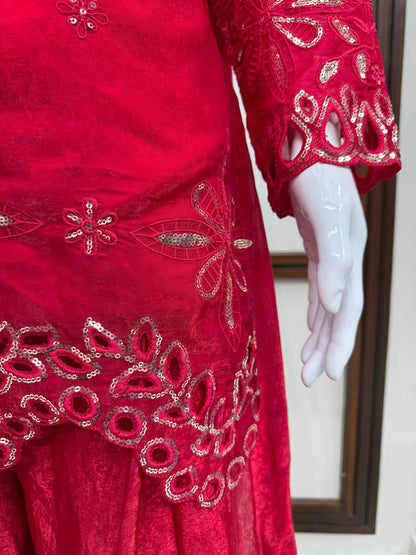 Rani Pink Mirror & Thread Embroidered Premium Kurta Palazzo Set with Dupatta