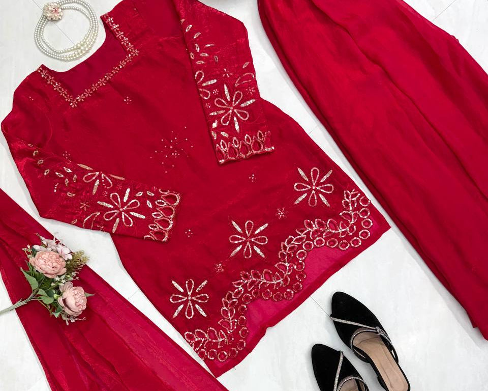 Rani Pink Mirror & Thread Embroidered Premium Kurta Palazzo Set with Dupatta