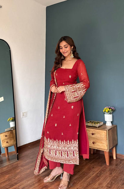 Premium Red Embroidered Straight Kurta Set with Dupatta