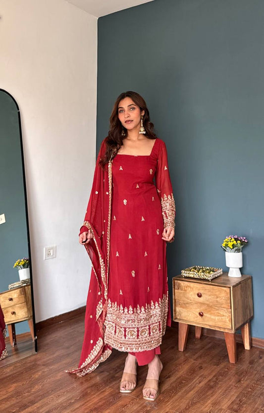 Premium Red Embroidered Straight Kurta Set with Dupatta