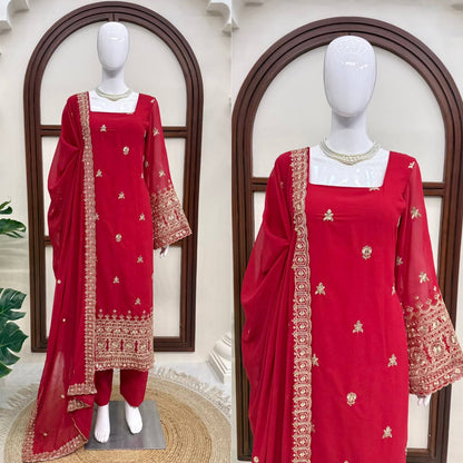 Premium Red Embroidered Straight Kurta Set with Dupatta