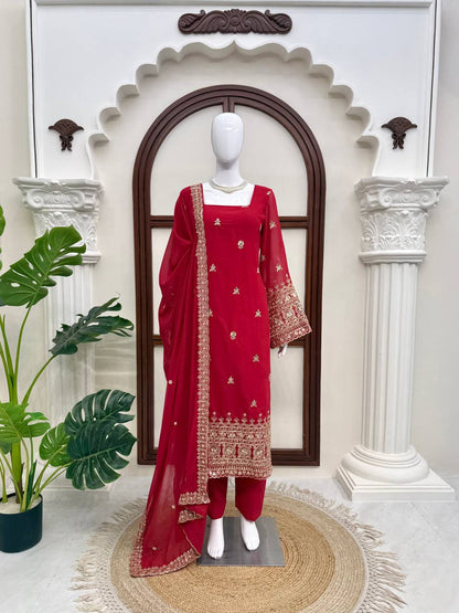 Premium Red Embroidered Straight Kurta Set with Dupatta