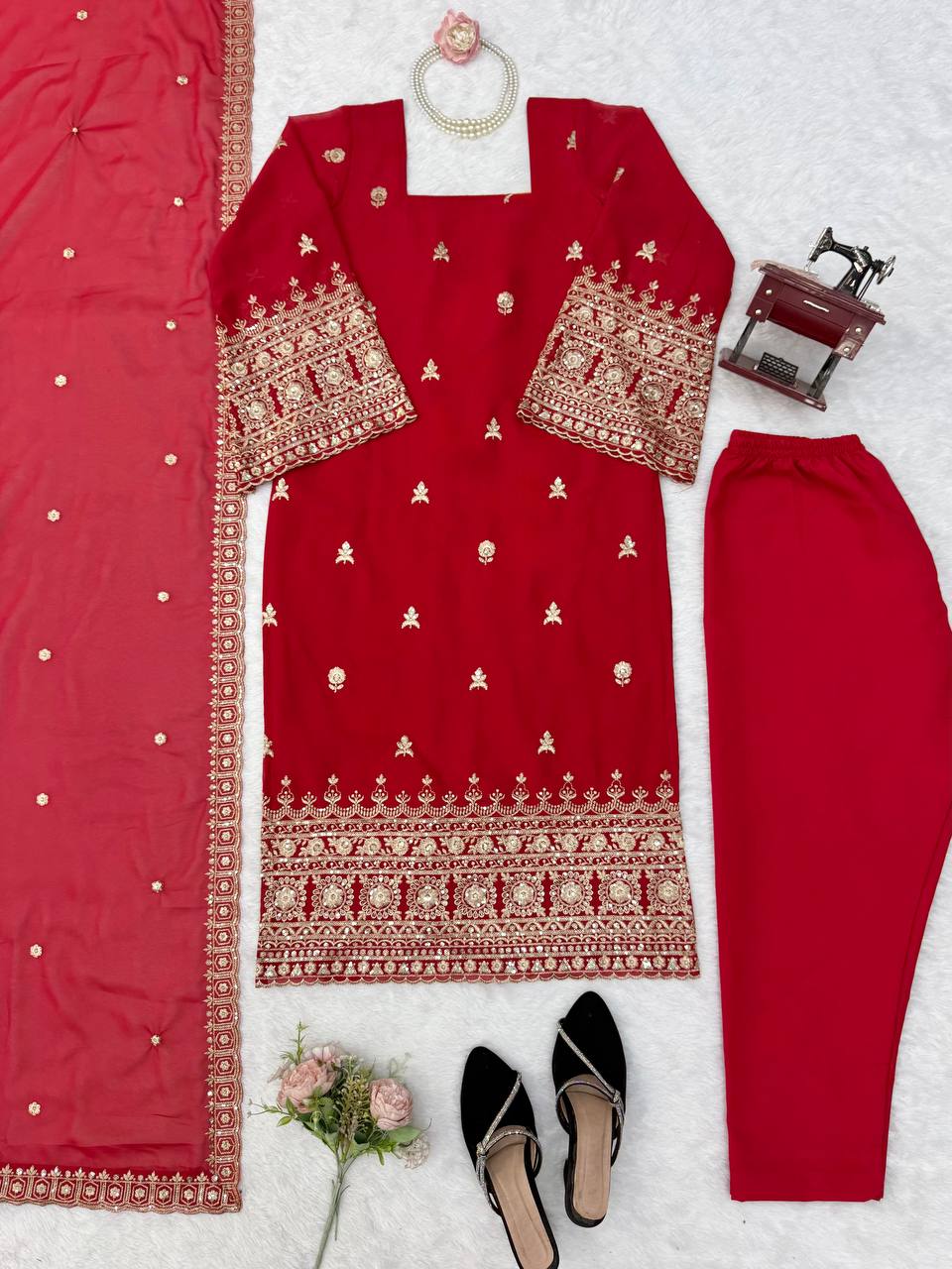 Premium Red Embroidered Straight Kurta Set with Dupatta
