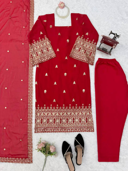 Premium Red Embroidered Straight Kurta Set with Dupatta
