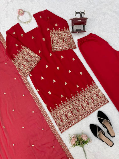 Premium Red Embroidered Straight Kurta Set with Dupatta