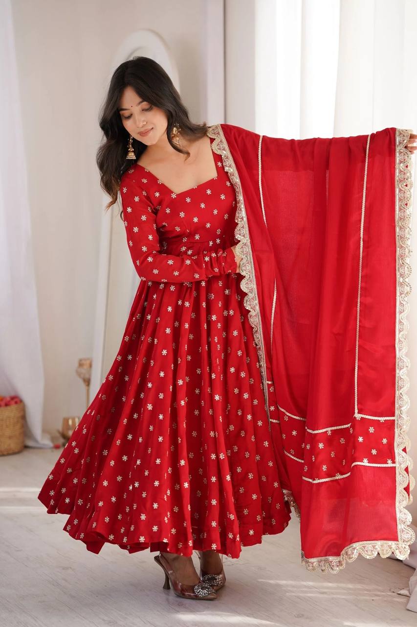 Premium Red Embroidered Anarkali Suit Set with Dupatta