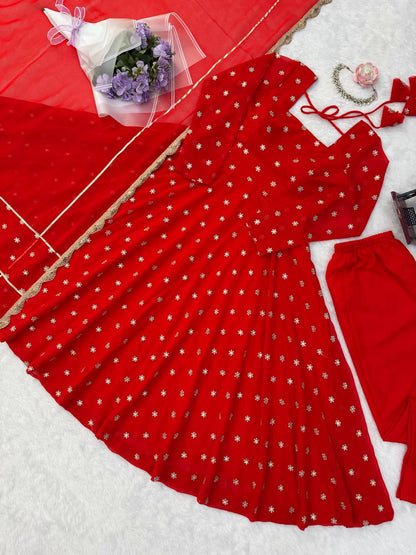 Premium Red Embroidered Anarkali Suit Set with Dupatta
