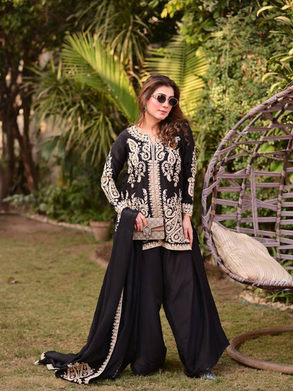 Premium Black Embroidered Kurta Sharara Set with Dupatta