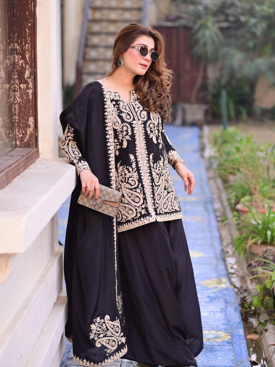 Premium Black Embroidered Kurta Sharara Set with Dupatta