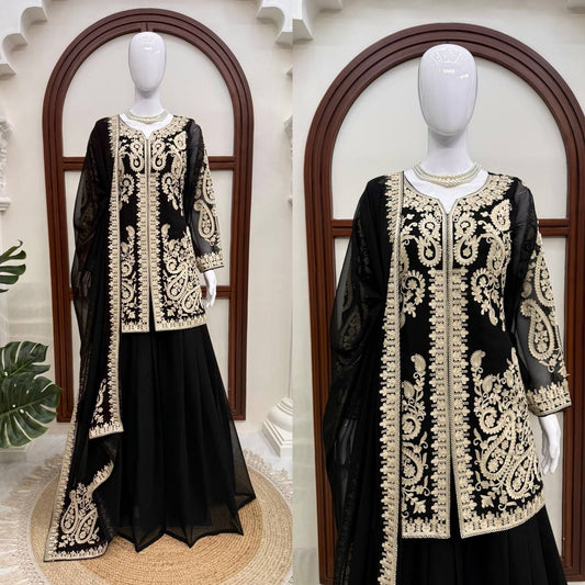 Premium Black Embroidered Kurta Sharara Set with Dupatta