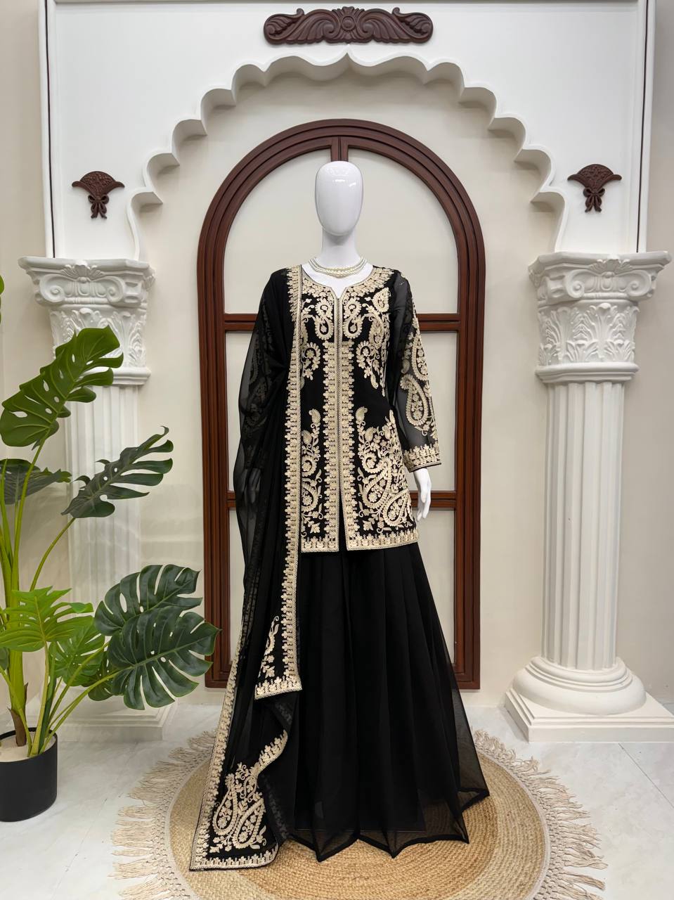 Premium Black Embroidered Kurta Sharara Set with Dupatta