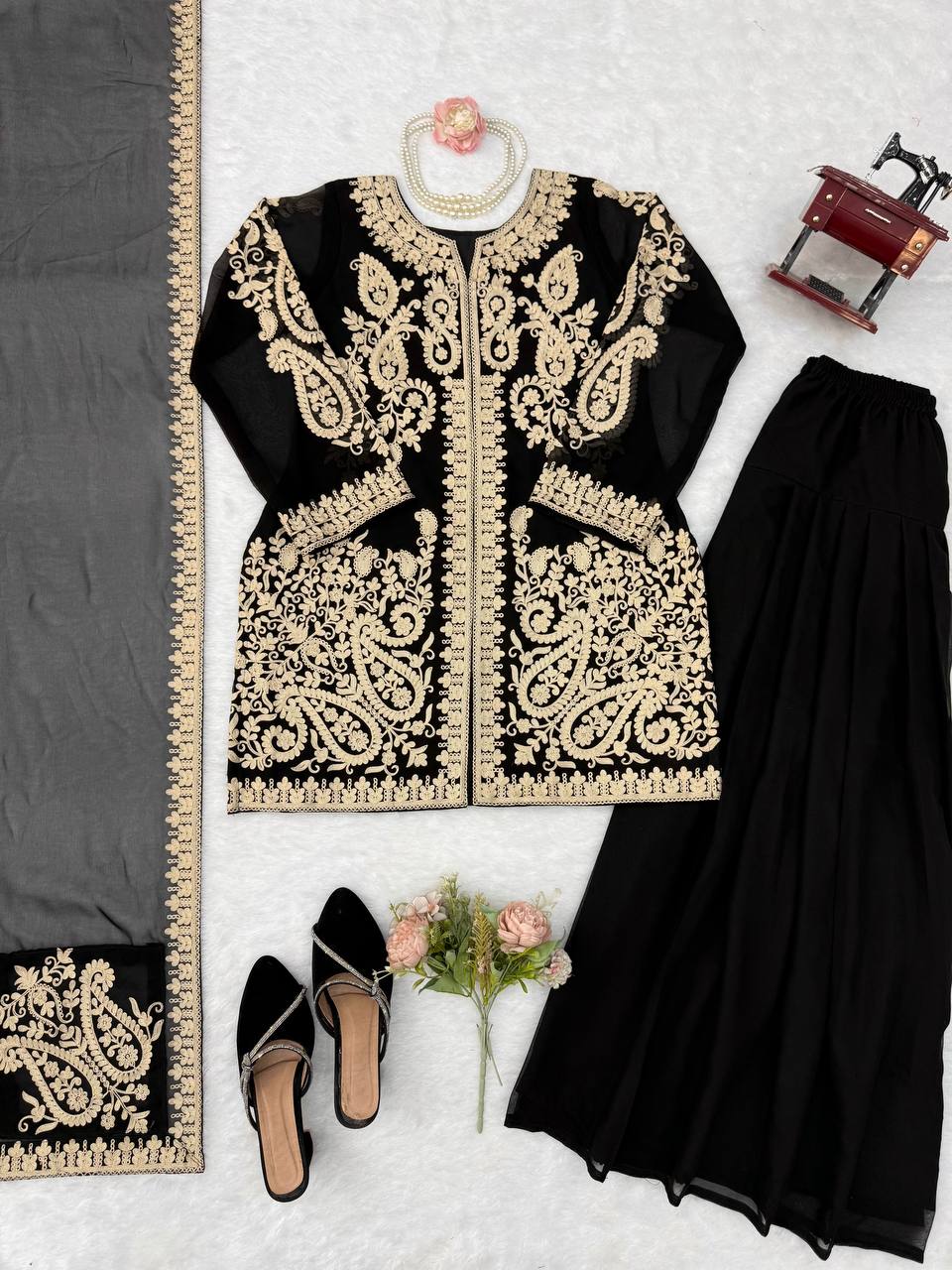 Premium Black Embroidered Kurta Sharara Set with Dupatta