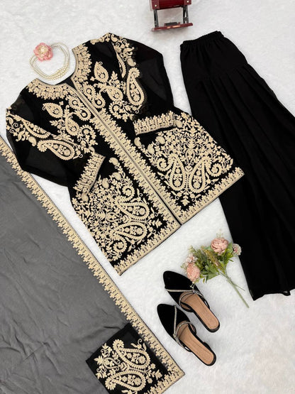 Premium Black Embroidered Kurta Sharara Set with Dupatta