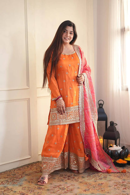 Premium Orange Embroidered Kurta Set with Pink Dupatta