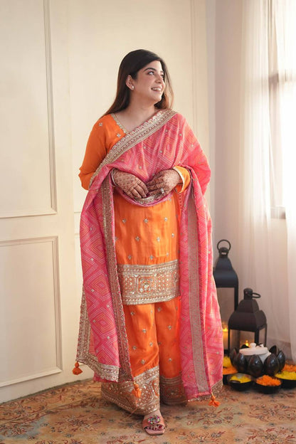 Premium Orange Embroidered Kurta Set with Pink Dupatta