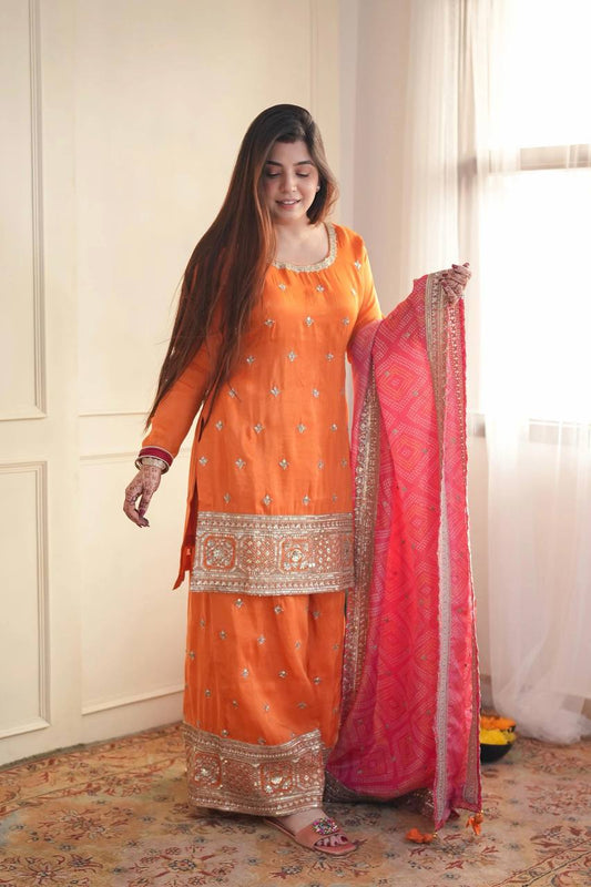 Premium Orange Embroidered Kurta Set with Pink Dupatta