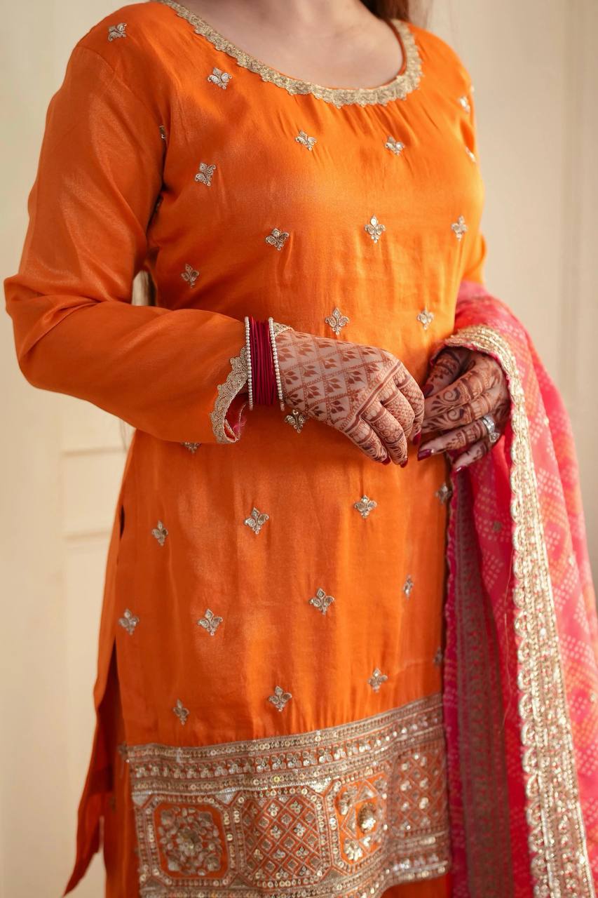 Premium Orange Embroidered Kurta Set with Pink Dupatta