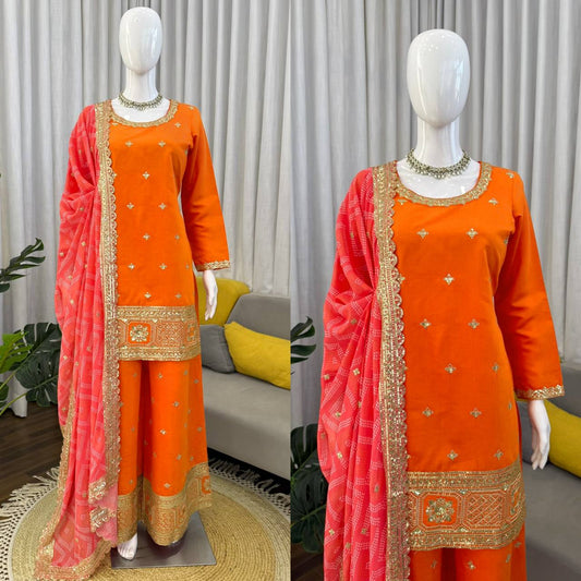 Premium Orange Embroidered Kurta Set with Pink Dupatta