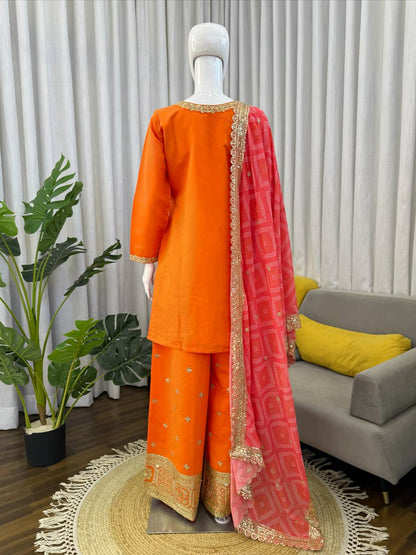 Premium Orange Embroidered Kurta Set with Pink Dupatta