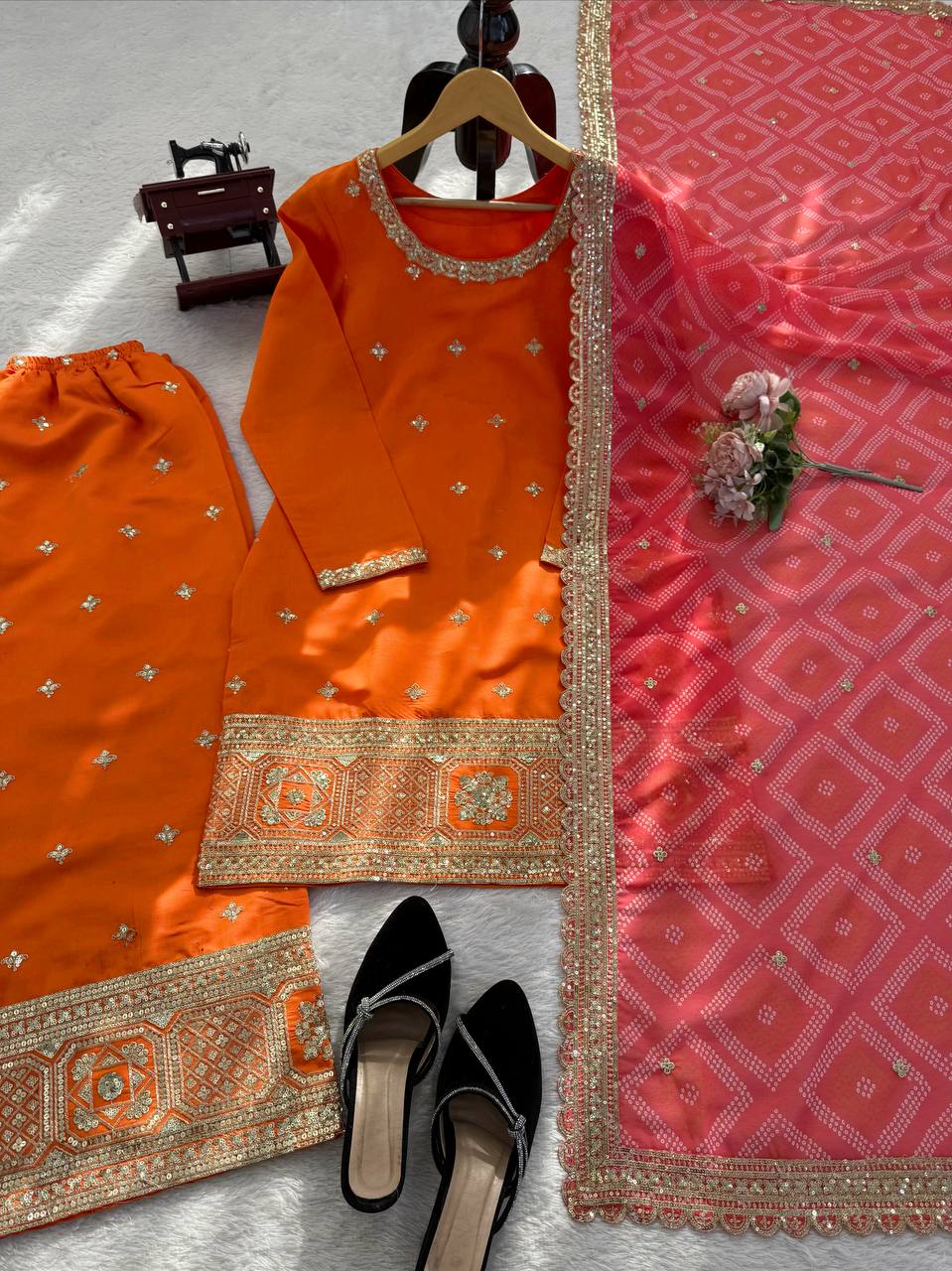 Premium Orange Embroidered Kurta Set with Pink Dupatta