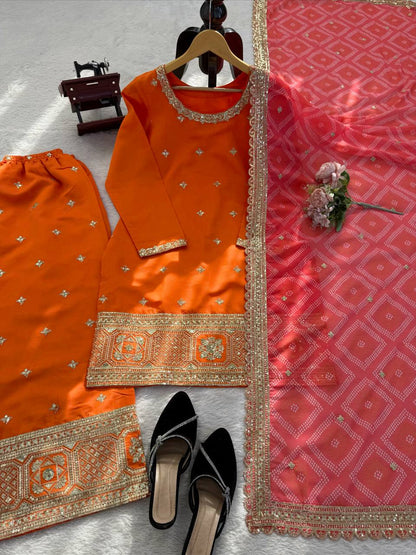 Premium Orange Embroidered Kurta Set with Pink Dupatta