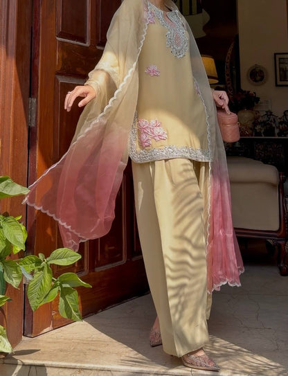 Premium Cream Embroidered Kurta Palazzo Set with Dual-Tone Dupatta