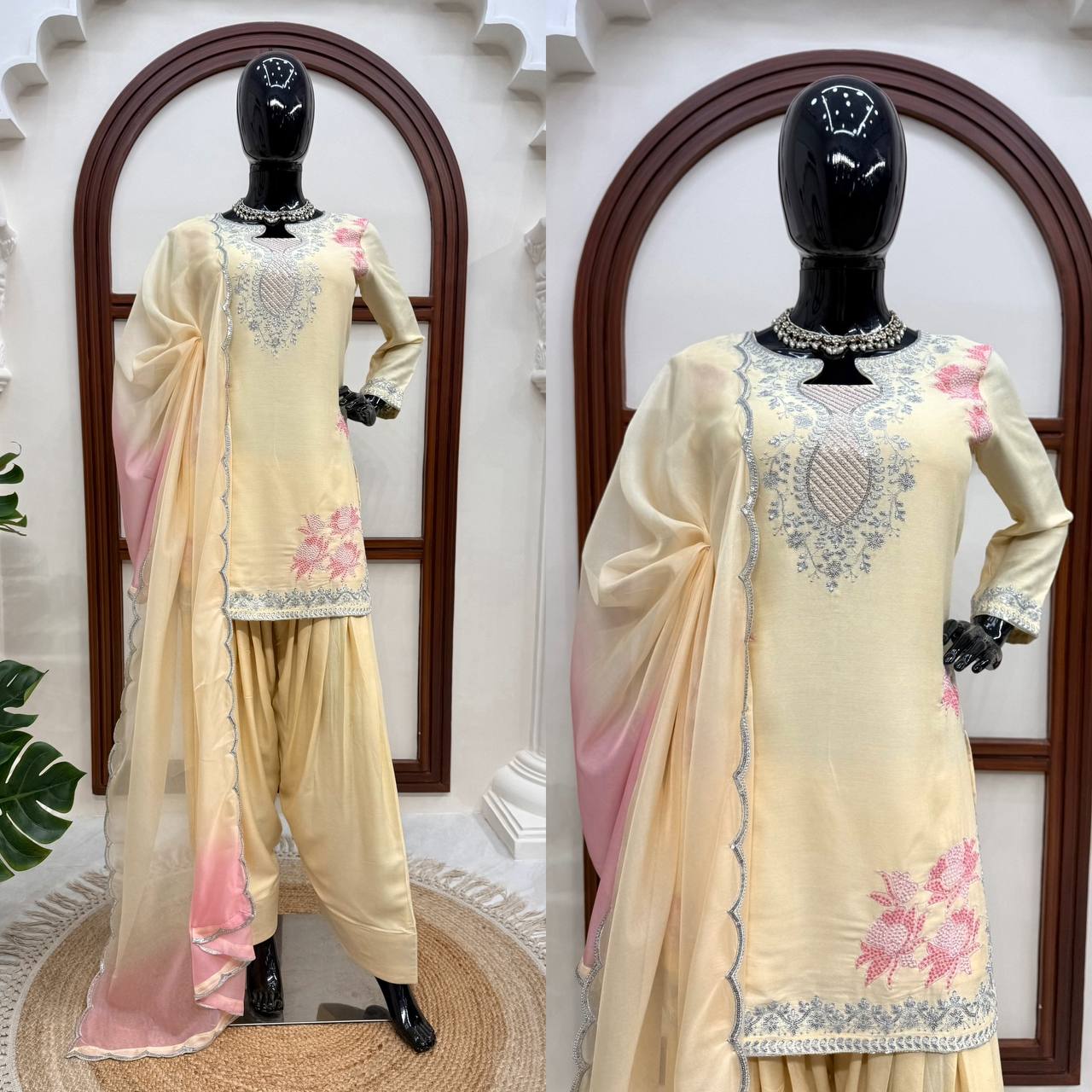 Premium Cream Embroidered Kurta Palazzo Set with Dual-Tone Dupatta