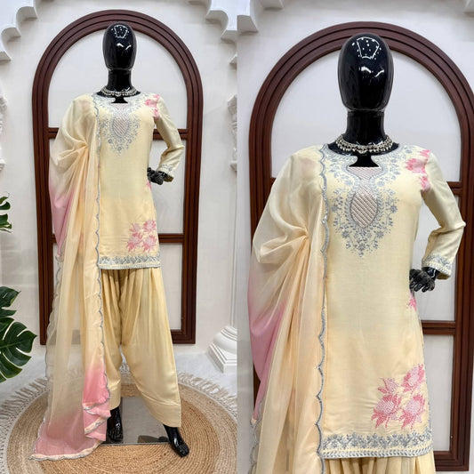Premium Cream Embroidered Kurta Palazzo Set with Dual-Tone Dupatta