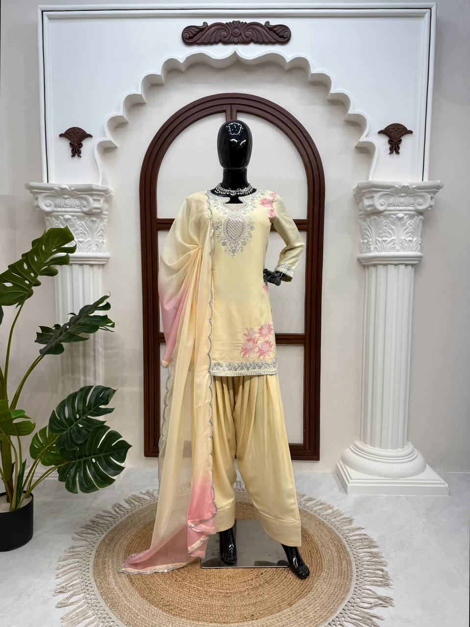 Premium Cream Embroidered Kurta Palazzo Set with Dual-Tone Dupatta