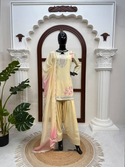 Premium Cream Embroidered Kurta Palazzo Set with Dual-Tone Dupatta