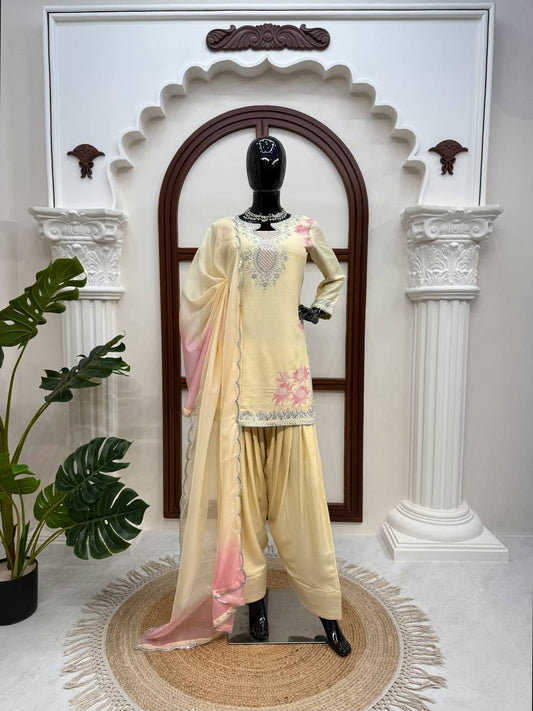 Premium Cream Embroidered Kurta Palazzo Set with Dual-Tone Dupatta