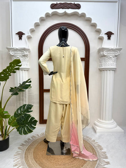 Premium Cream Embroidered Kurta Palazzo Set with Dual-Tone Dupatta