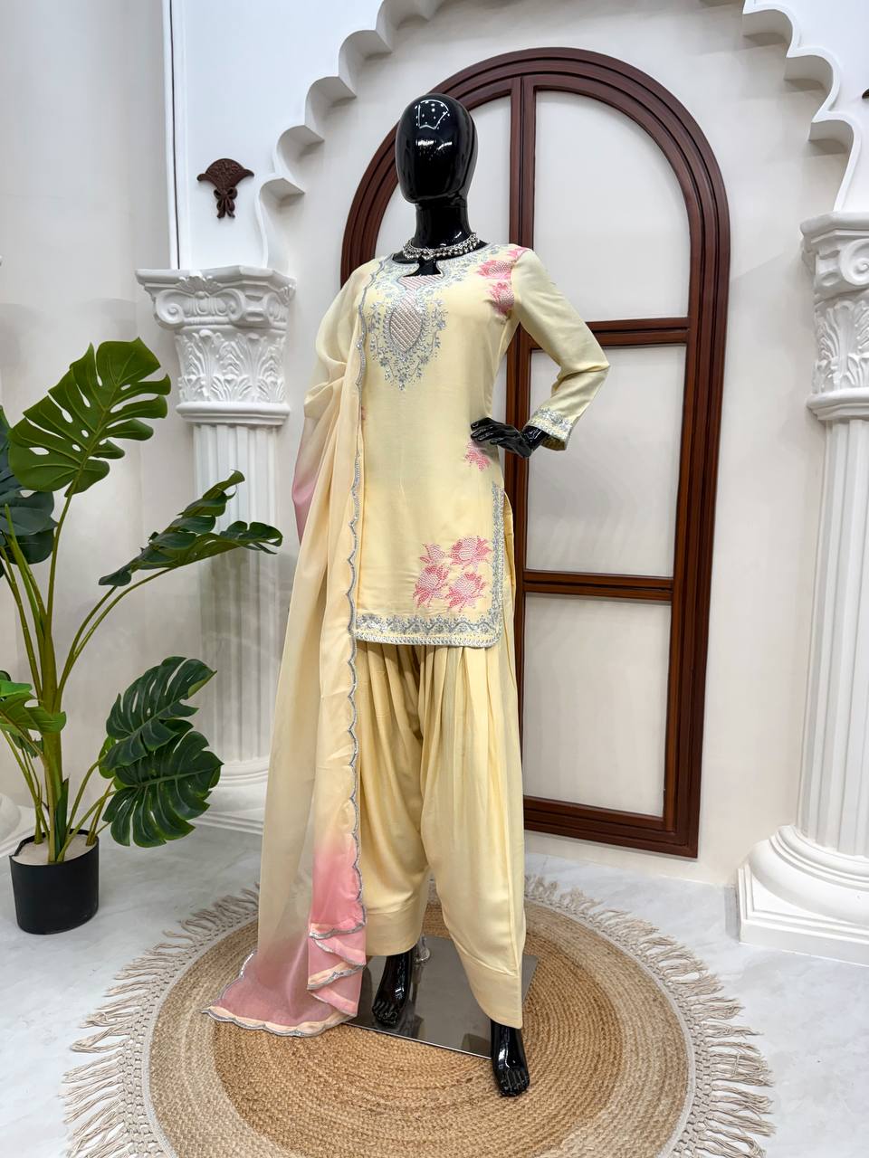 Premium Cream Embroidered Kurta Palazzo Set with Dual-Tone Dupatta