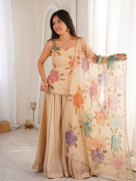 Premium Beige Floral Embroidered Palazzo Set with Organza Dupatta
