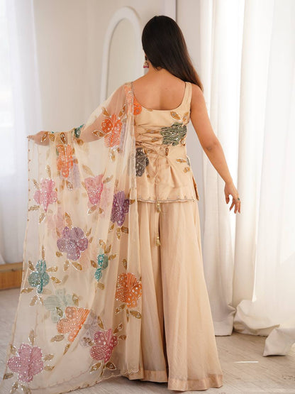 Premium Beige Floral Embroidered Palazzo Set with Organza Dupatta
