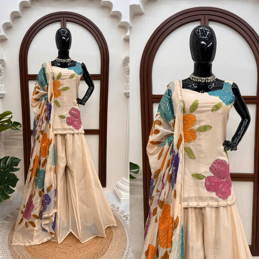 Premium Beige Floral Embroidered Palazzo Set with Organza Dupatta