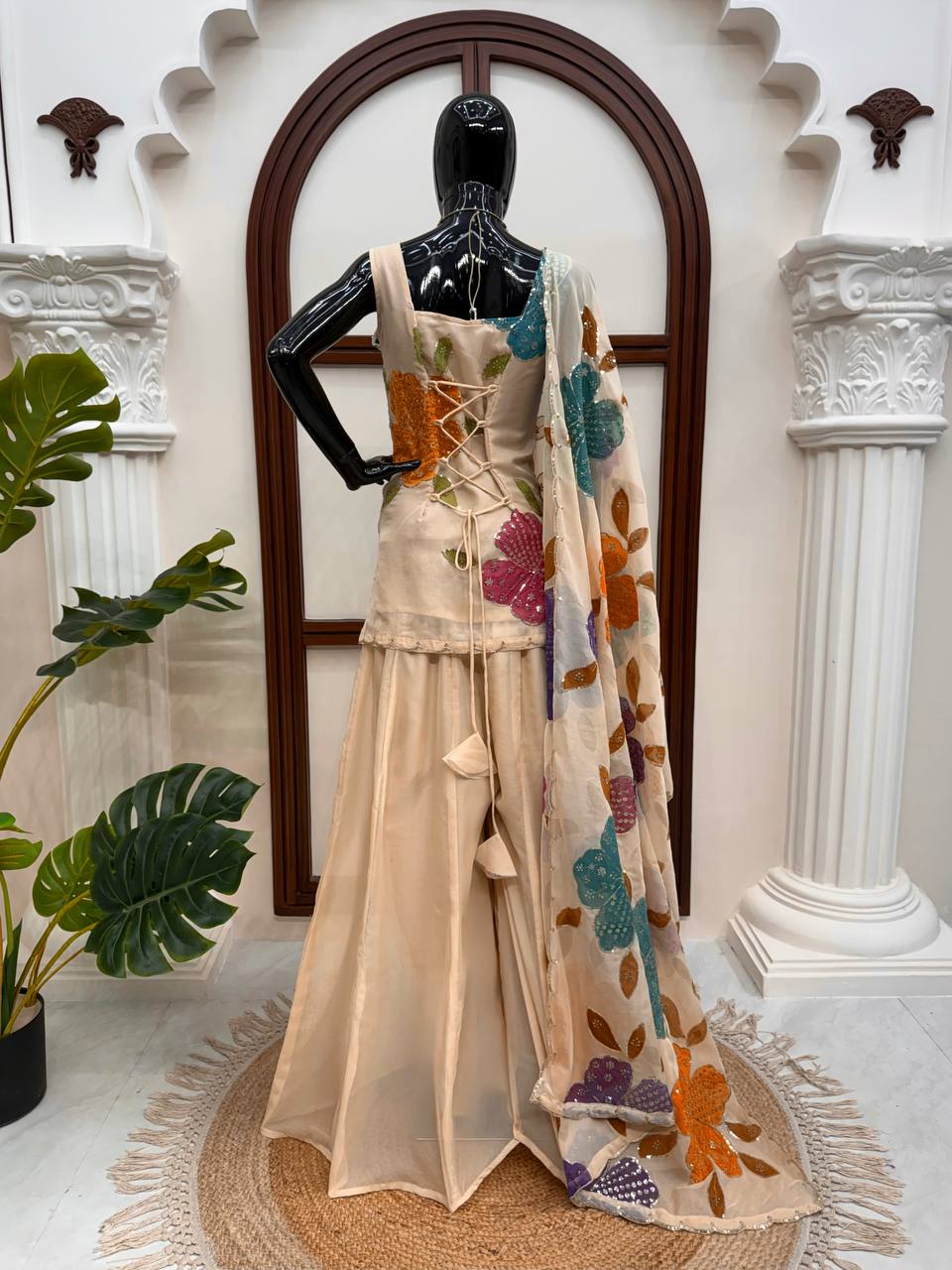 Premium Beige Floral Embroidered Palazzo Set with Organza Dupatta