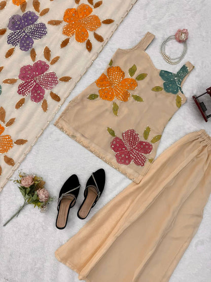 Premium Beige Floral Embroidered Palazzo Set with Organza Dupatta