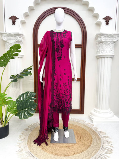 Premium Magenta Embroidered Straight Kurta Set with Dupatta