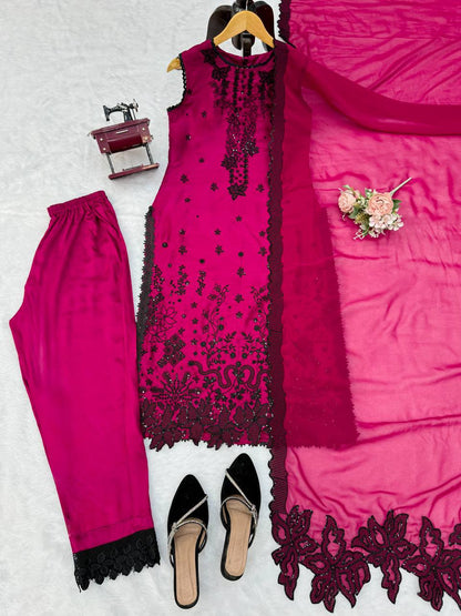 Premium Magenta Embroidered Straight Kurta Set with Dupatta