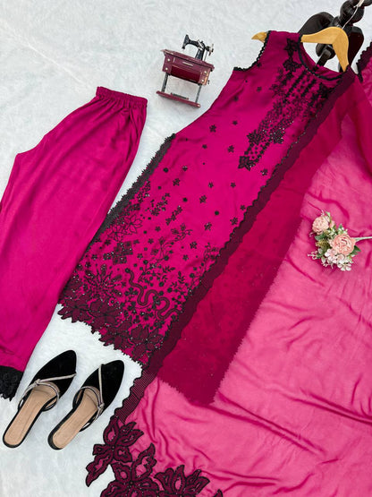 Premium Magenta Embroidered Straight Kurta Set with Dupatta