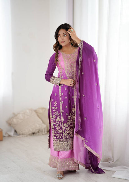 Premium Purple Embroidered Kurta Set with Dual-Tone Pink Dupatta
