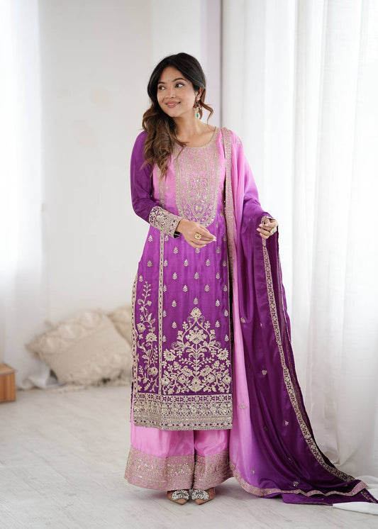 Premium Purple Embroidered Kurta Set with Dual-Tone Pink Dupatta