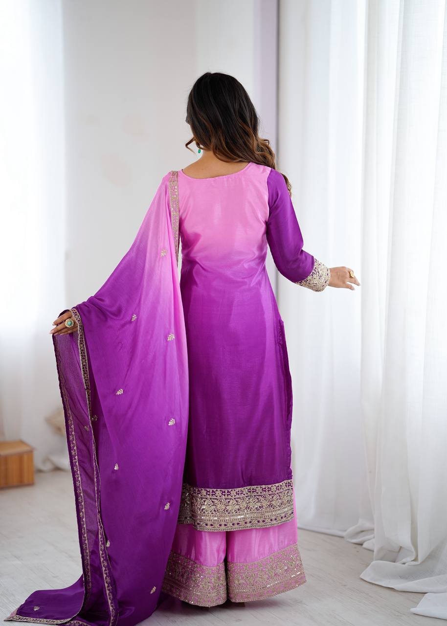 Premium Purple Embroidered Kurta Set with Dual-Tone Pink Dupatta